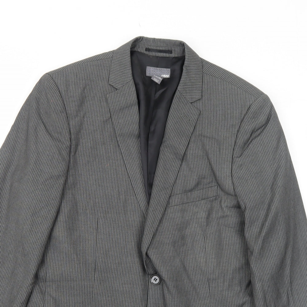 H&M Mens Grey Striped Polyester Jacket Suit Jacket Size 40 Regular