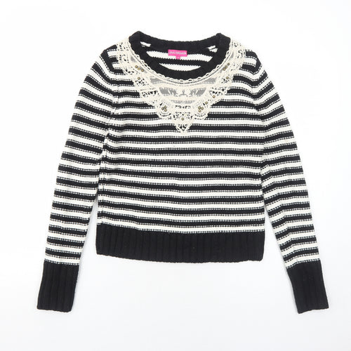 Love Knitwear Womens Black Round Neck Striped Acrylic Pullover Jumper Size 10