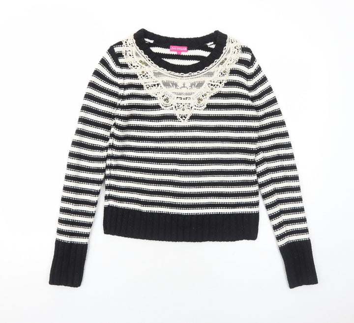 Love Knitwear Womens Black Round Neck Striped Acrylic Pullover Jumper Size 10
