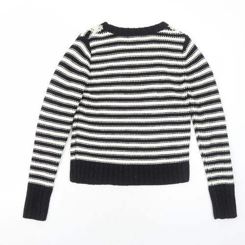 Love Knitwear Womens Black Round Neck Striped Acrylic Pullover Jumper Size 10
