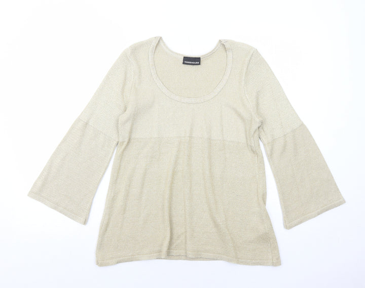 Warehouse Womens Gold Scoop Neck Acrylic Pullover Jumper Size 14