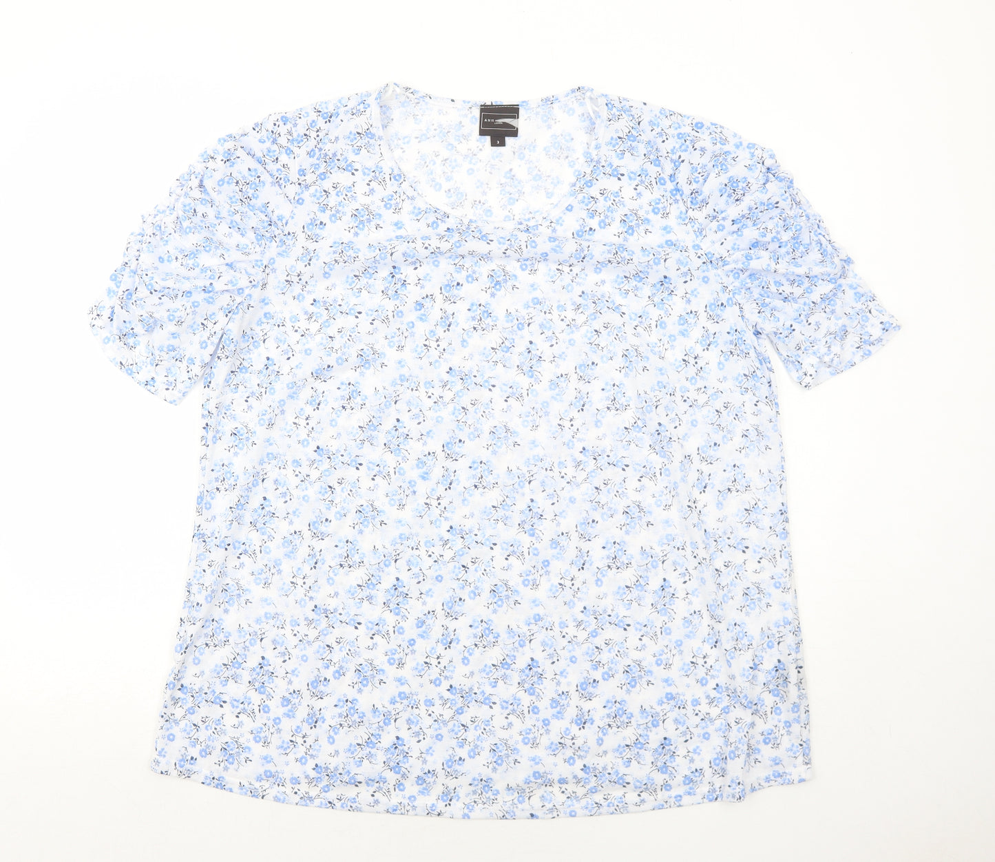 Anne De Lancay Womens Blue Floral Polyester Basic T-Shirt Size L Round Neck