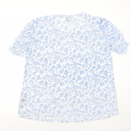 Anne De Lancay Womens Blue Floral Polyester Basic T-Shirt Size L Round Neck