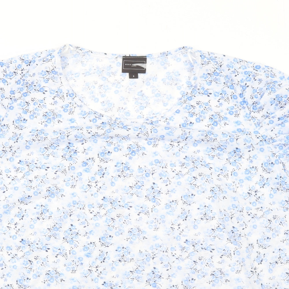 Anne De Lancay Womens Blue Floral Polyester Basic T-Shirt Size L Round Neck