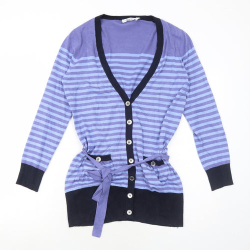 M&Co Womens Blue V-Neck Striped Viscose Pullover Jumper Size L