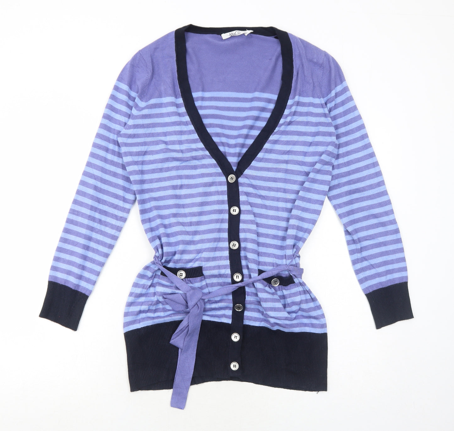 M&Co Womens Blue V-Neck Striped Viscose Pullover Jumper Size L
