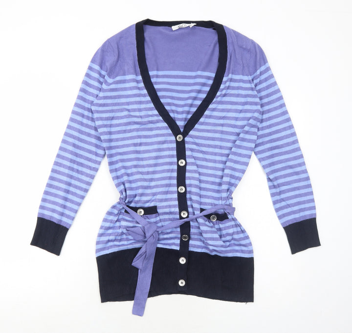 M&Co Womens Blue V-Neck Striped Viscose Pullover Jumper Size L