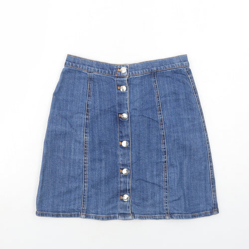H&M Womens Blue Cotton A-Line Skirt Size 8 Button