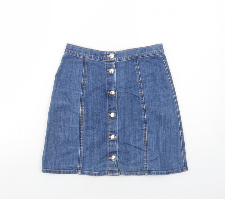 H&M Womens Blue Cotton A-Line Skirt Size 8 Button