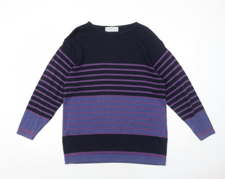 OPUS Womens Purple Round Neck Striped Cotton Pullover Jumper Size S