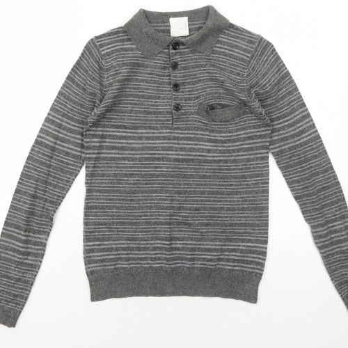 Self Womens Grey Collared Striped Acrylic Pullover Jumper Size S