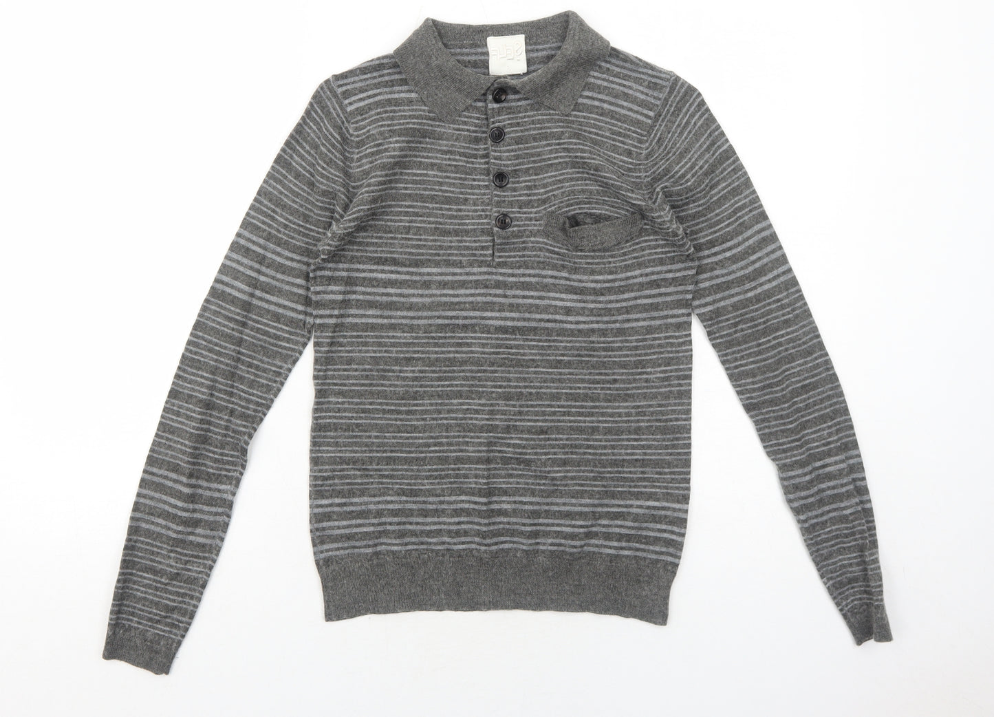 Self Womens Grey Collared Striped Acrylic Pullover Jumper Size S