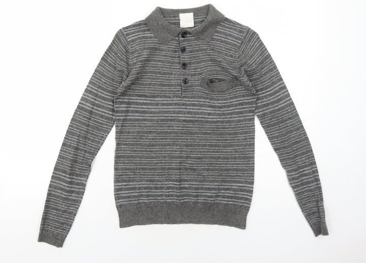 Self Womens Grey Collared Striped Acrylic Pullover Jumper Size S
