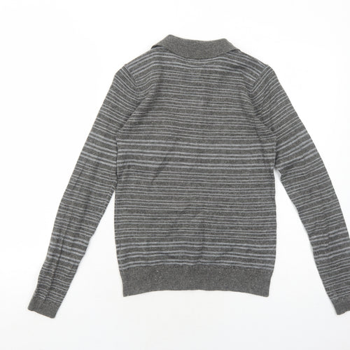 Self Womens Grey Collared Striped Acrylic Pullover Jumper Size S