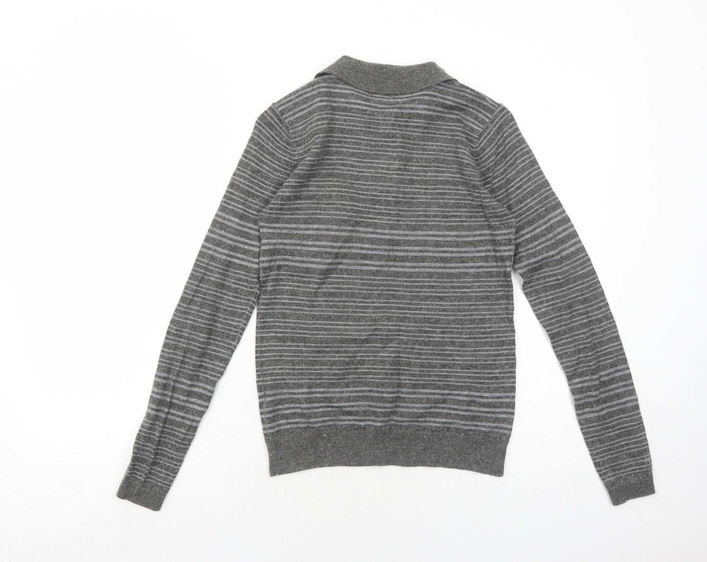 Self Womens Grey Collared Striped Acrylic Pullover Jumper Size S