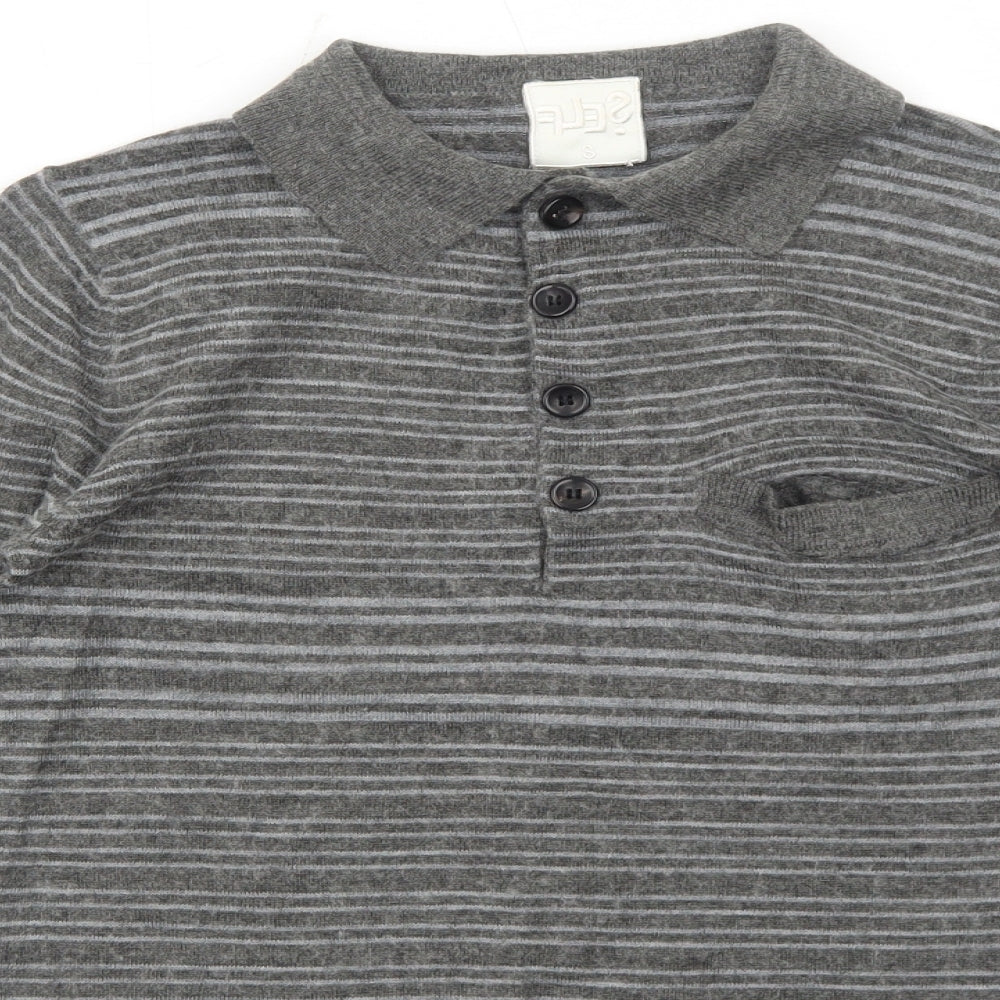 Self Womens Grey Collared Striped Acrylic Pullover Jumper Size S