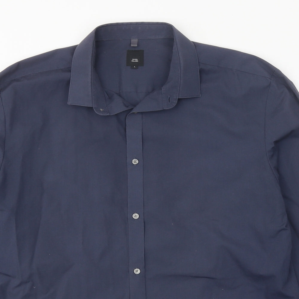 River Island Mens Blue Cotton Button-Up Size L Collared Button