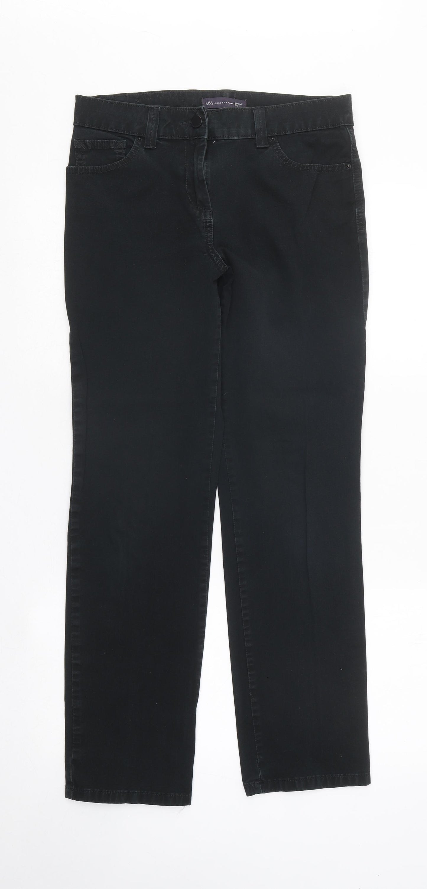 Marks and Spencer Womens Black Cotton Straight Jeans Size 8 L28 in Regular Button