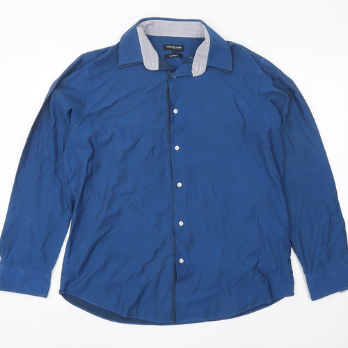 Debenhams Mens Blue Geometric Polyester Button-Up Size L Collared Button