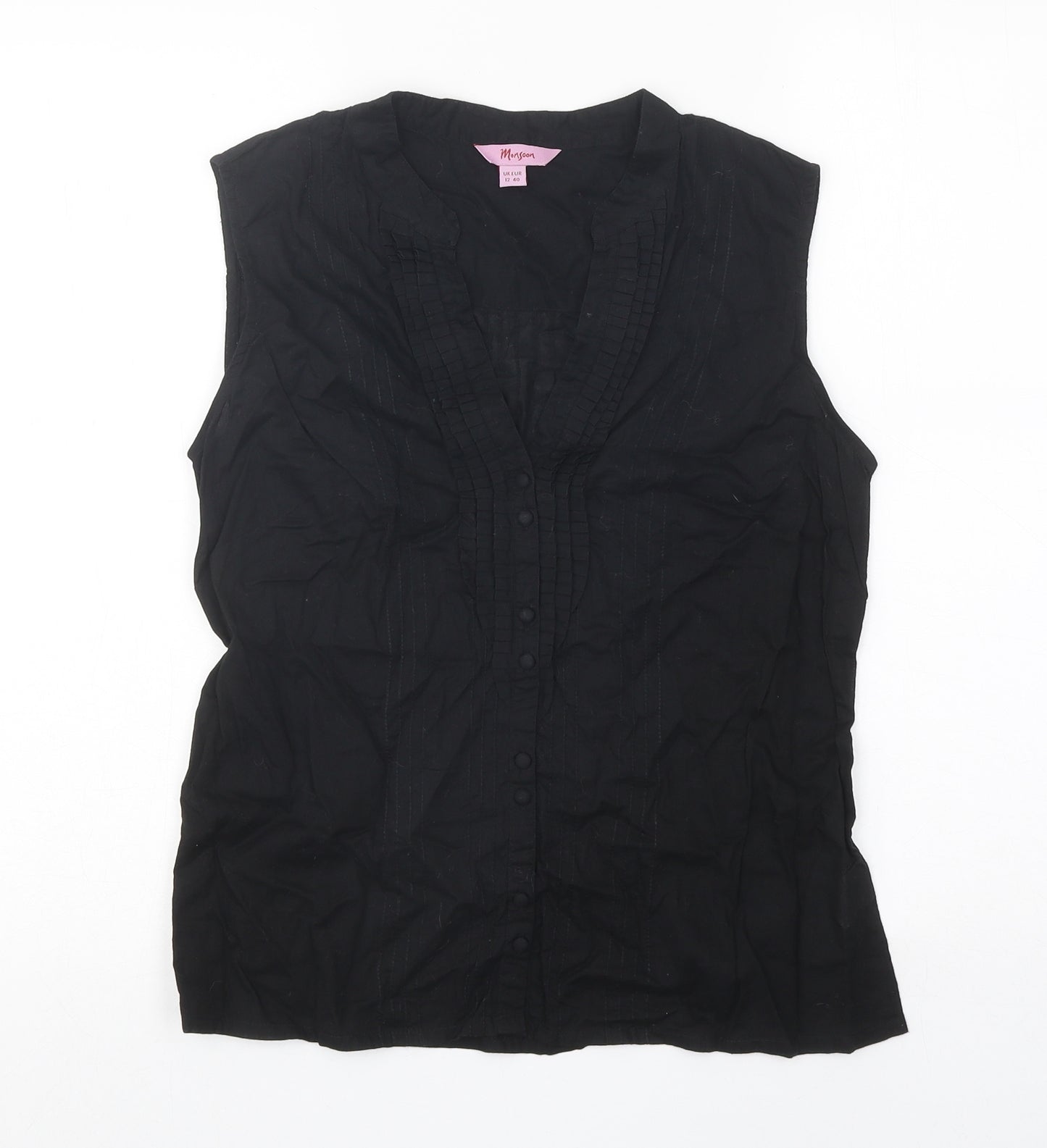 Monsoon Womens Black 100% Cotton Basic Button-Up Size 12 V-Neck