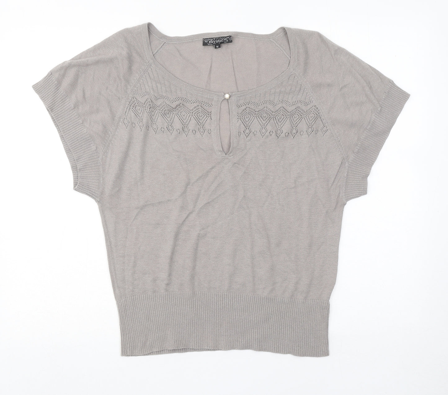 Mystic Womens Beige Geometric Acrylic Basic Blouse Size M Round Neck