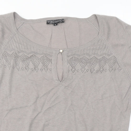 Mystic Womens Beige Geometric Acrylic Basic Blouse Size M Round Neck