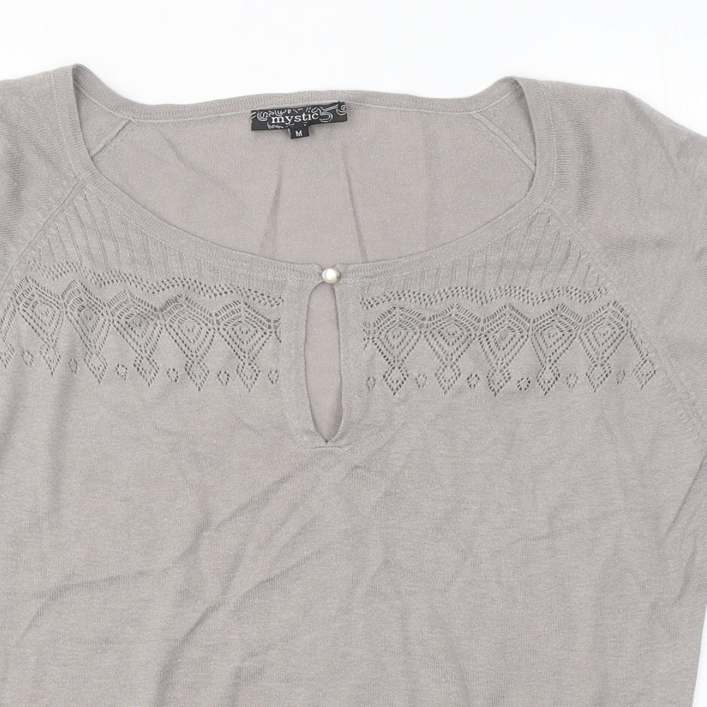 Mystic Womens Beige Geometric Acrylic Basic Blouse Size M Round Neck