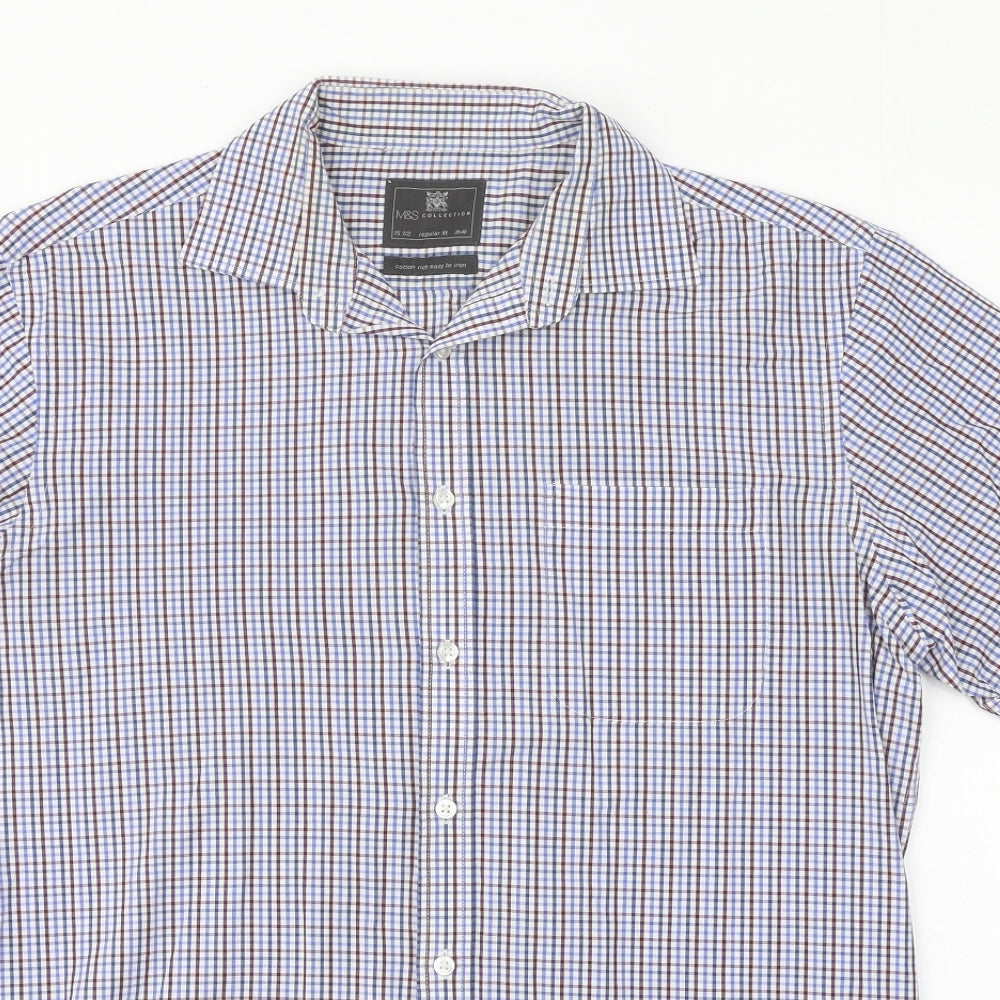Marks and Spencer Mens Multicoloured Plaid Cotton Dress Shirt Size 15.5 Collared Button