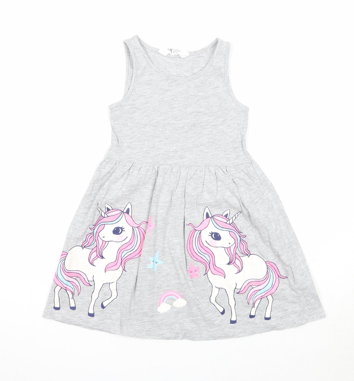 H&M Girls Grey Cotton Fit & Flare Size 5-6 Years Round Neck Pullover - Unicorn