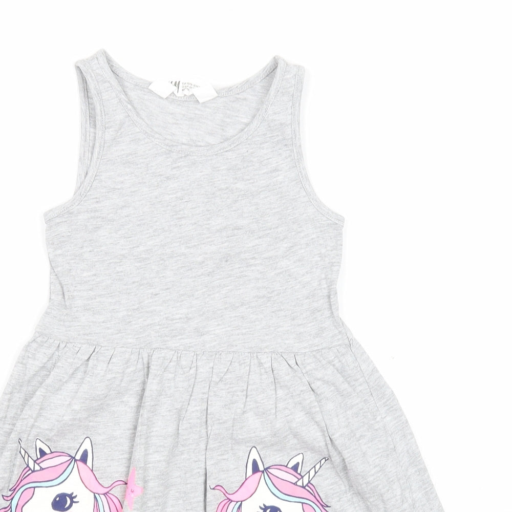 H&M Girls Grey Cotton Fit & Flare Size 5-6 Years Round Neck Pullover - Unicorn