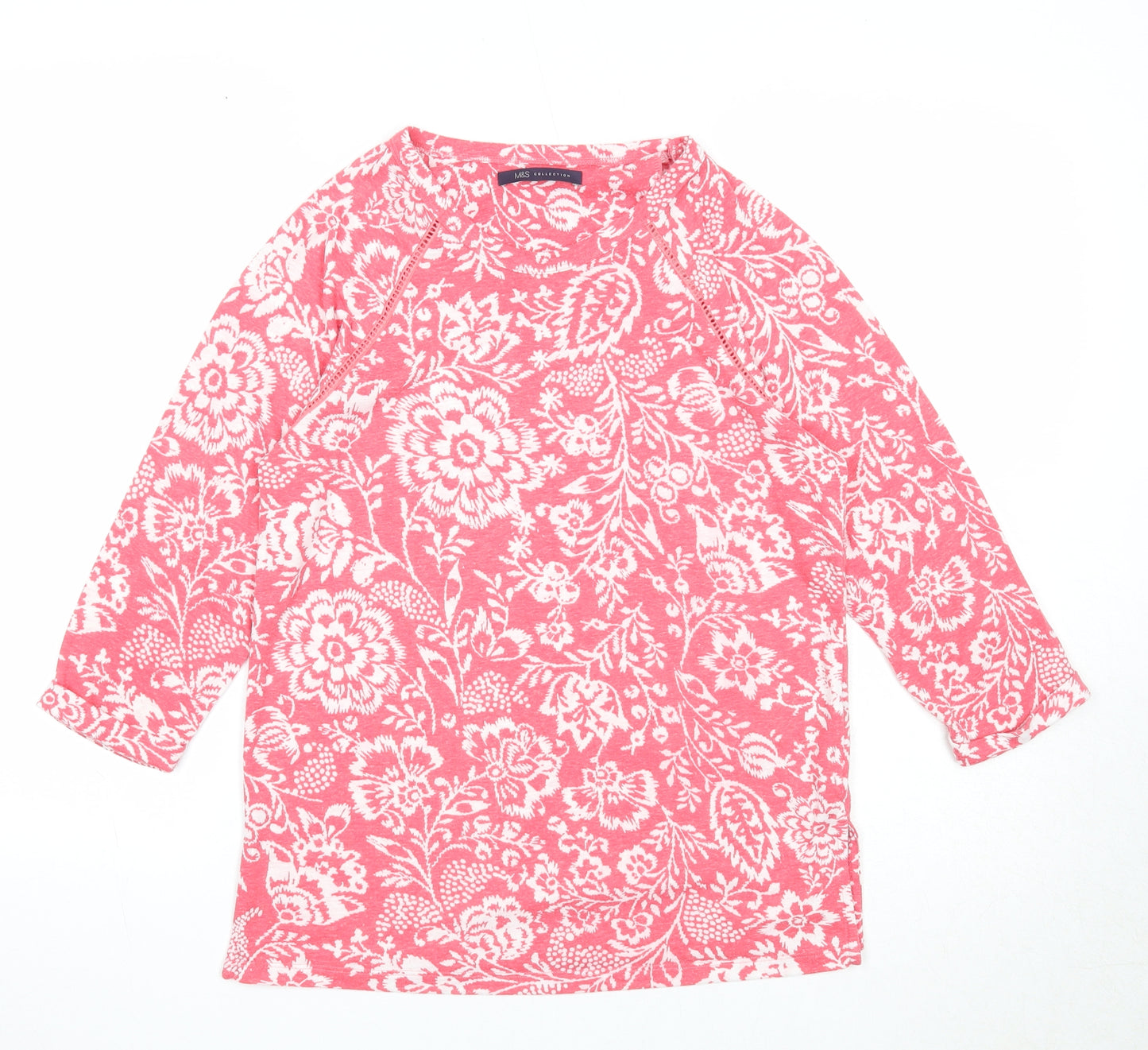 Marks and Spencer Womens Pink Floral Polyester Basic Blouse Size 8 Round Neck