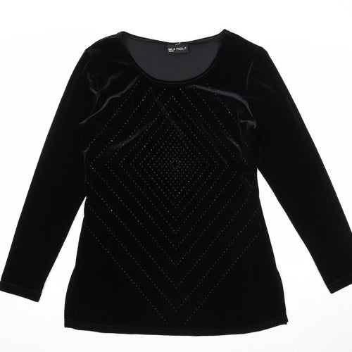 Mila Paoli Womens Black Geometric Polyester Basic Blouse Size 12 Round Neck