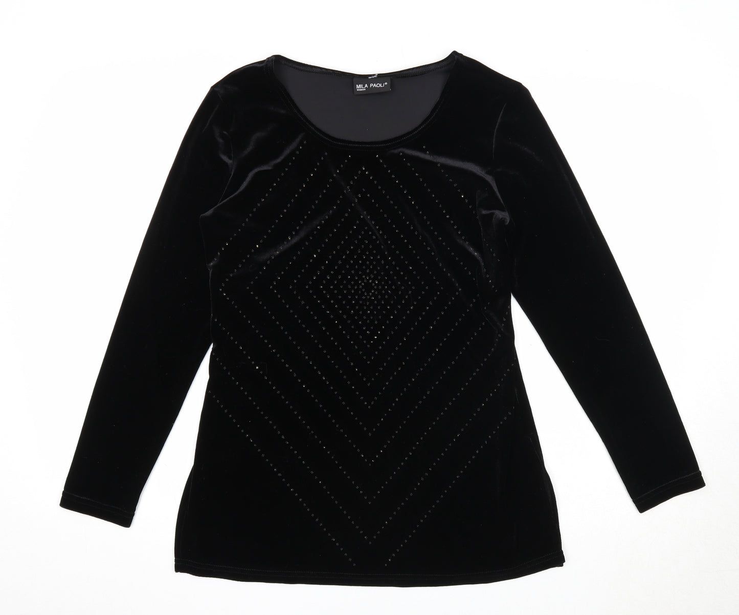 Mila Paoli Womens Black Geometric Polyester Basic Blouse Size 12 Round Neck