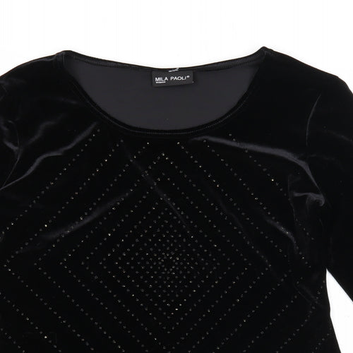 Mila Paoli Womens Black Geometric Polyester Basic Blouse Size 12 Round Neck