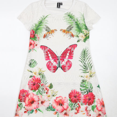 Izabel London Womens White Floral Polyester T-Shirt Dress Size 8 Round Neck Pullover