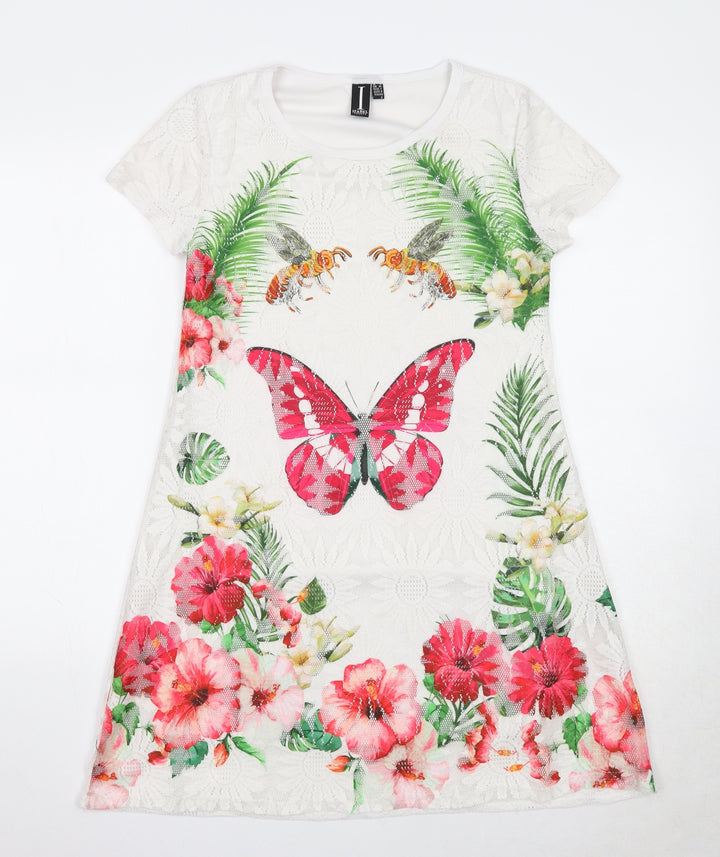 Izabel London Womens White Floral Polyester T-Shirt Dress Size 8 Round Neck Pullover