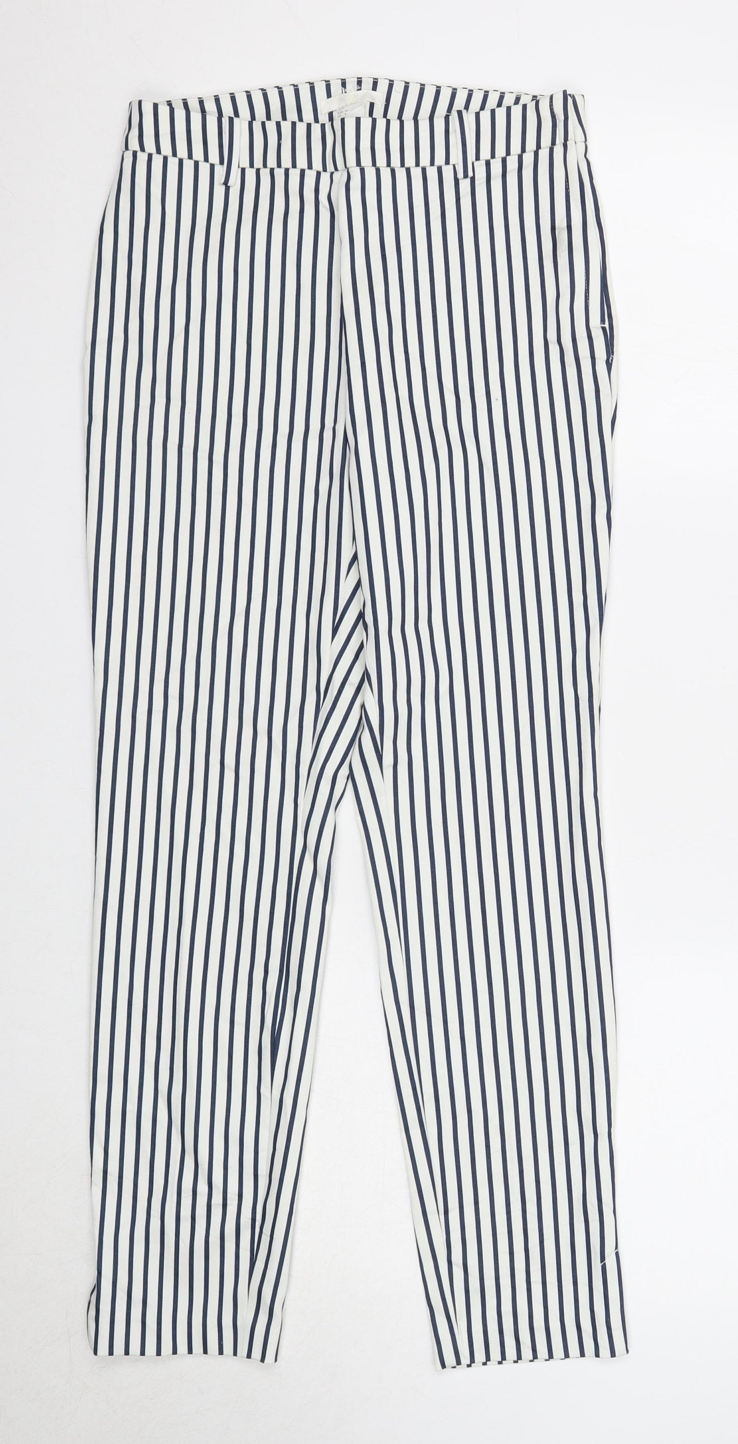 H&M Womens Blue Striped Cotton Trousers Size 8 Regular Zip