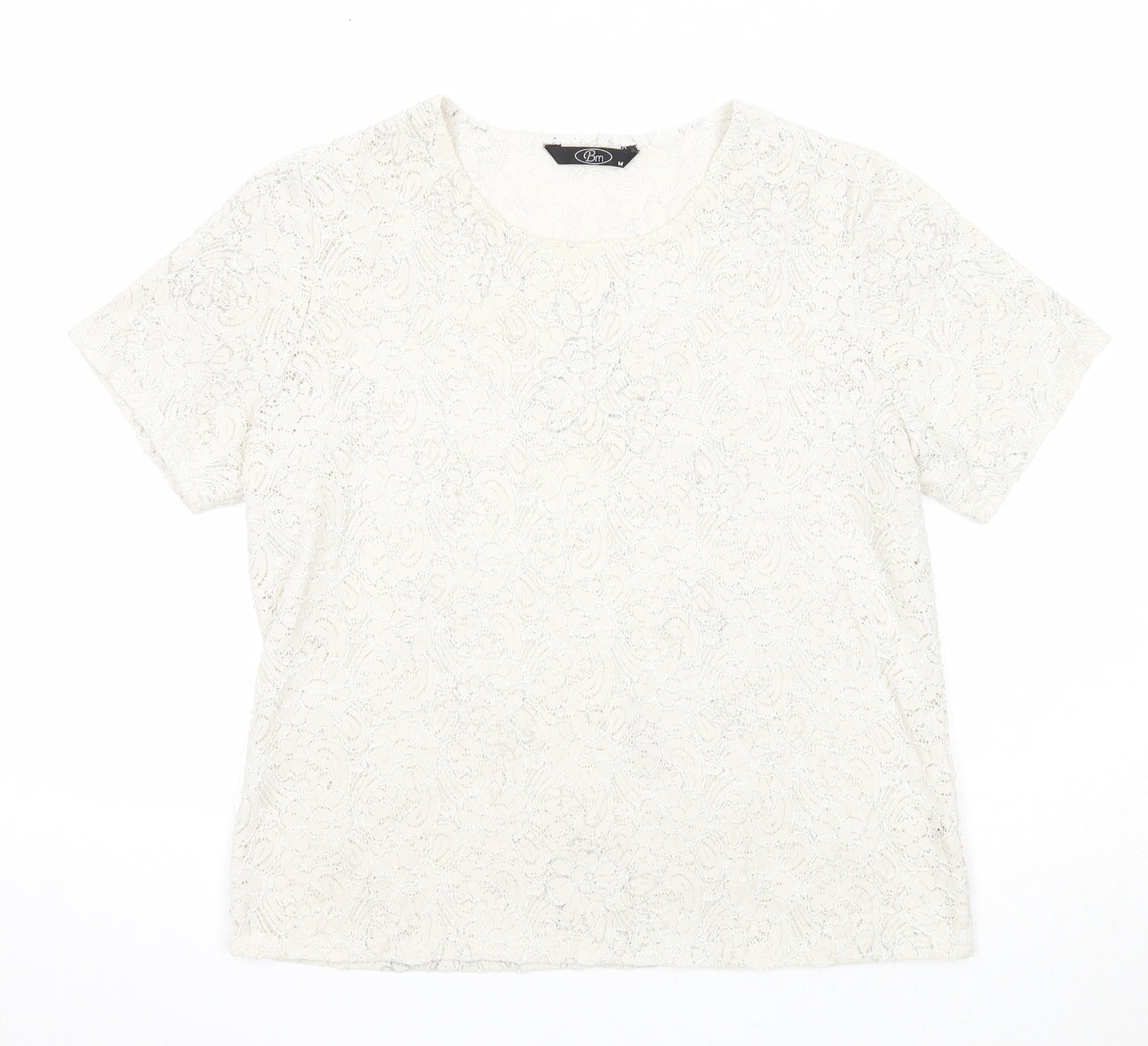 Bonmarché Womens Ivory Floral Nylon Basic T-Shirt Size M Round Neck