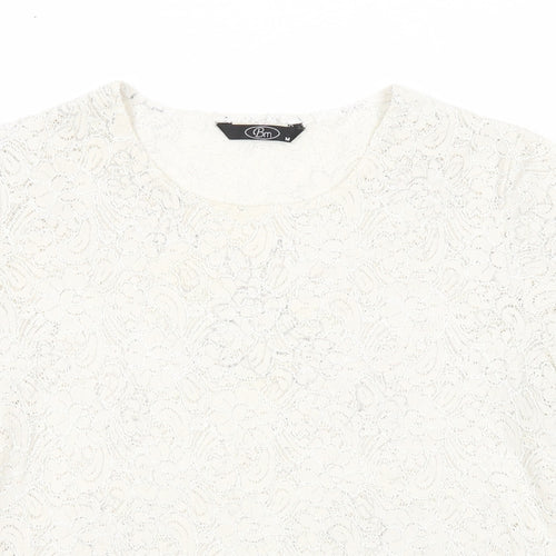 Bonmarché Womens Ivory Floral Nylon Basic T-Shirt Size M Round Neck