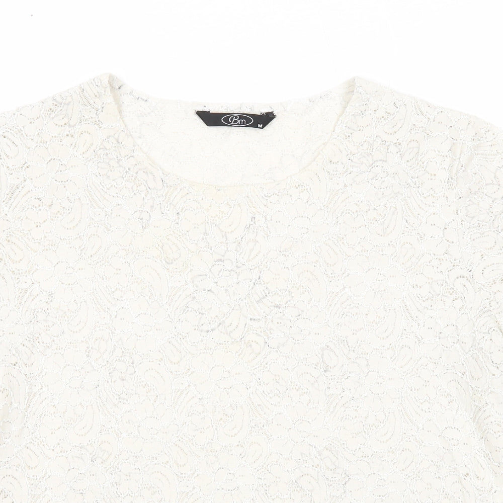 Bonmarché Womens Ivory Floral Nylon Basic T-Shirt Size M Round Neck