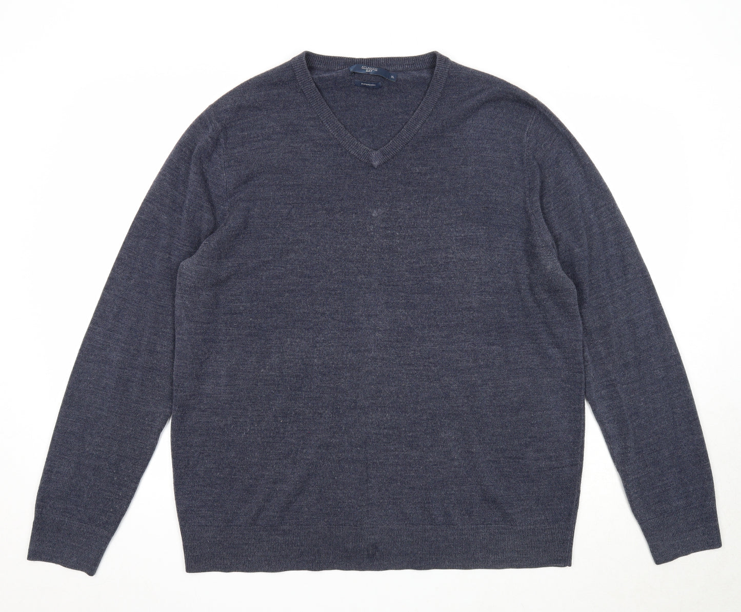 Atlantic Bay Mens Blue V-Neck Acrylic Pullover Jumper Size XL Long Sleeve