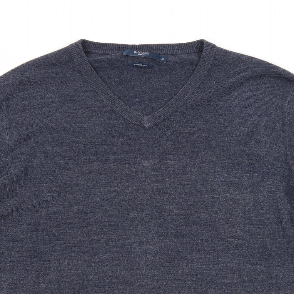 Atlantic Bay Mens Blue V-Neck Acrylic Pullover Jumper Size XL Long Sleeve