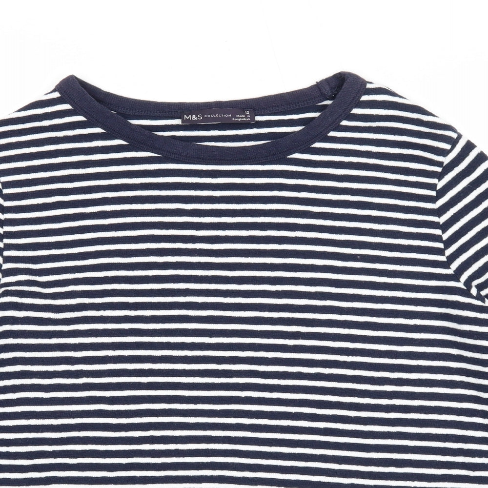 Marks and Spencer Womens Blue Round Neck Striped Cotton Pullover Jumper Size 12