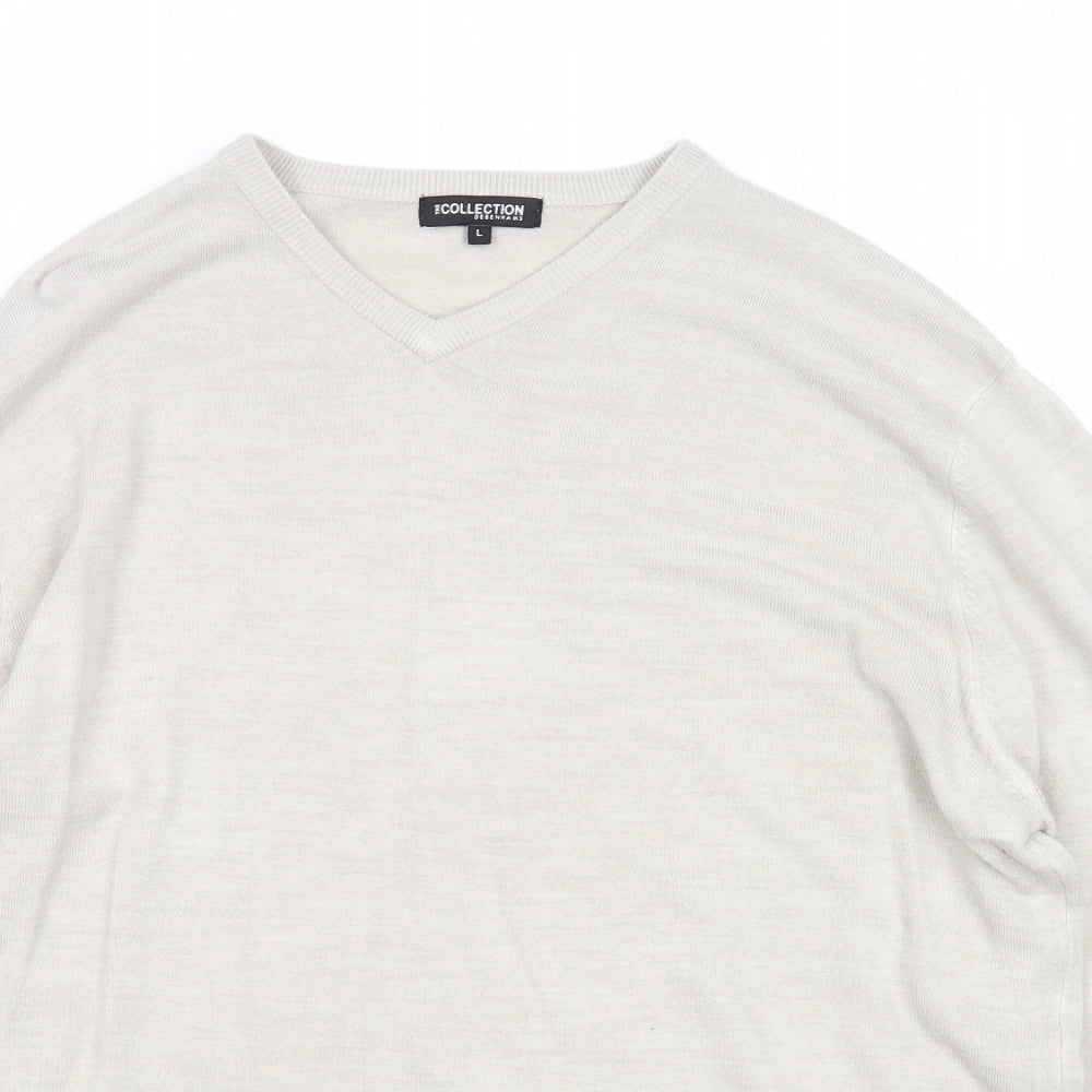 Debenhams Mens Grey V-Neck Acrylic Pullover Jumper Size L Long Sleeve