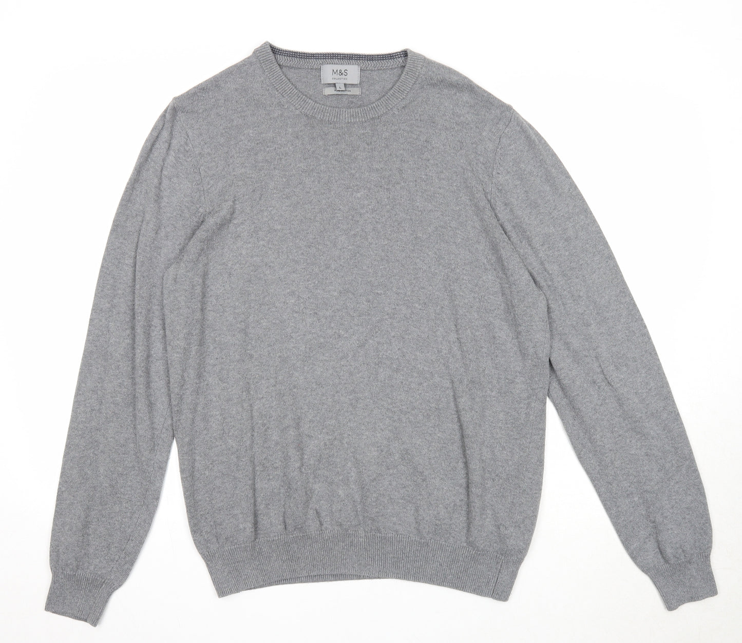 Marks and Spencer Mens Grey Round Neck Cotton Pullover Jumper Size L Long Sleeve
