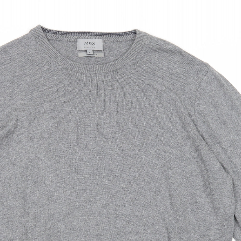 Marks and Spencer Mens Grey Round Neck Cotton Pullover Jumper Size L Long Sleeve