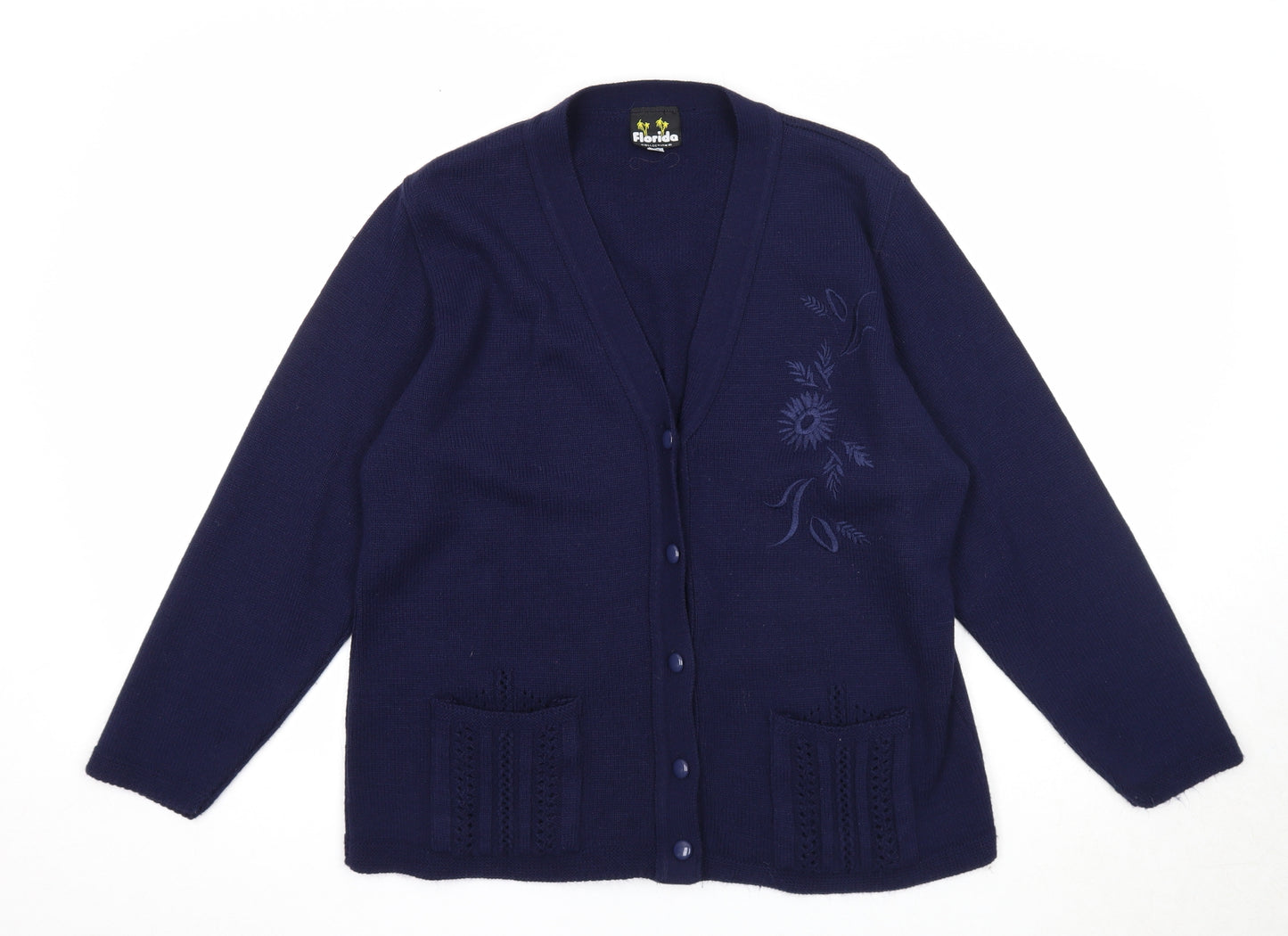 Florida Womens Blue V-Neck Acrylic Cardigan Jumper Size M