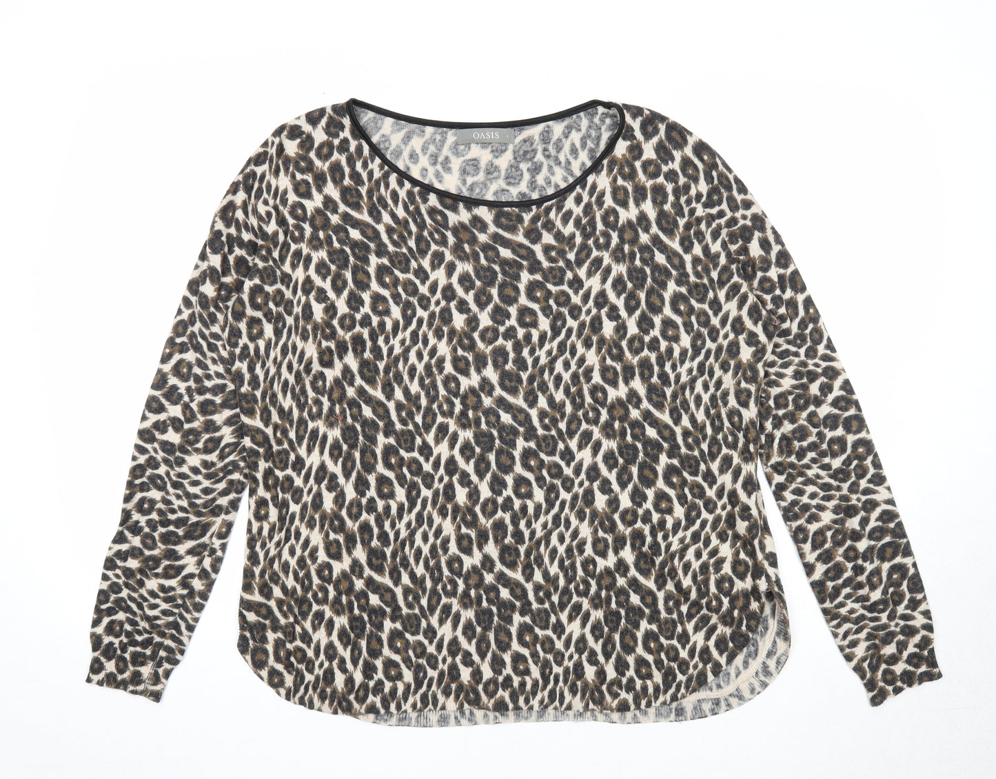 Oasis Womens Brown Round Neck Animal Print Viscose Pullover Jumper Size L - Leopard Pattern