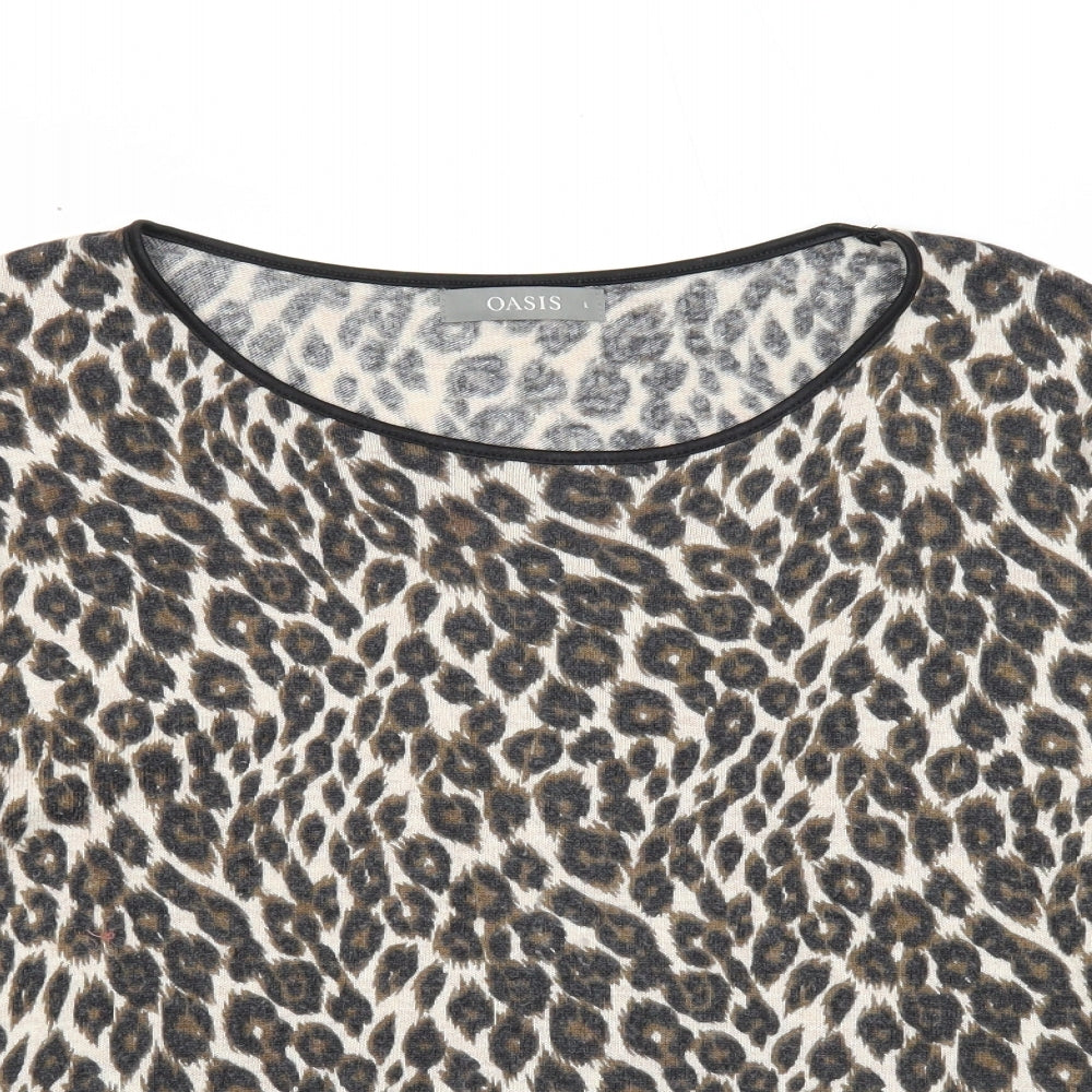 Oasis Womens Brown Round Neck Animal Print Viscose Pullover Jumper Size L - Leopard Pattern
