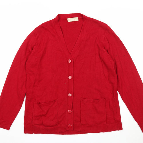 Daxon Womens Red V-Neck Acrylic Cardigan Jumper Size 14 - Size 14-16